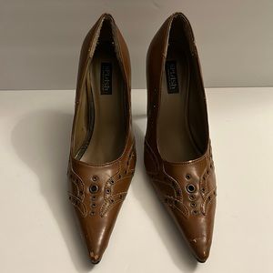 Splash Brown Brass Silver Two Tone Pointed Toe Heels Size 7 Women